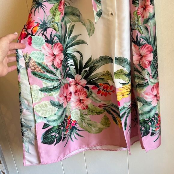 NWT Zara Pink and Green Tropical Resort wear Beach Floral Shirt Dress Sz XL - Picture 9 of 16